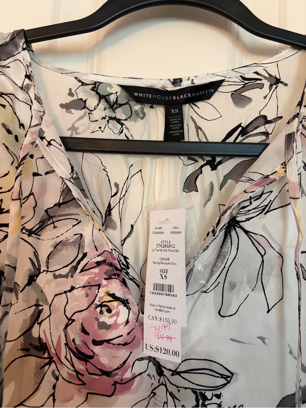 White House Black Market Silk 
Floral V-Neck Blouse in White and Pink - Picture 3 of 6